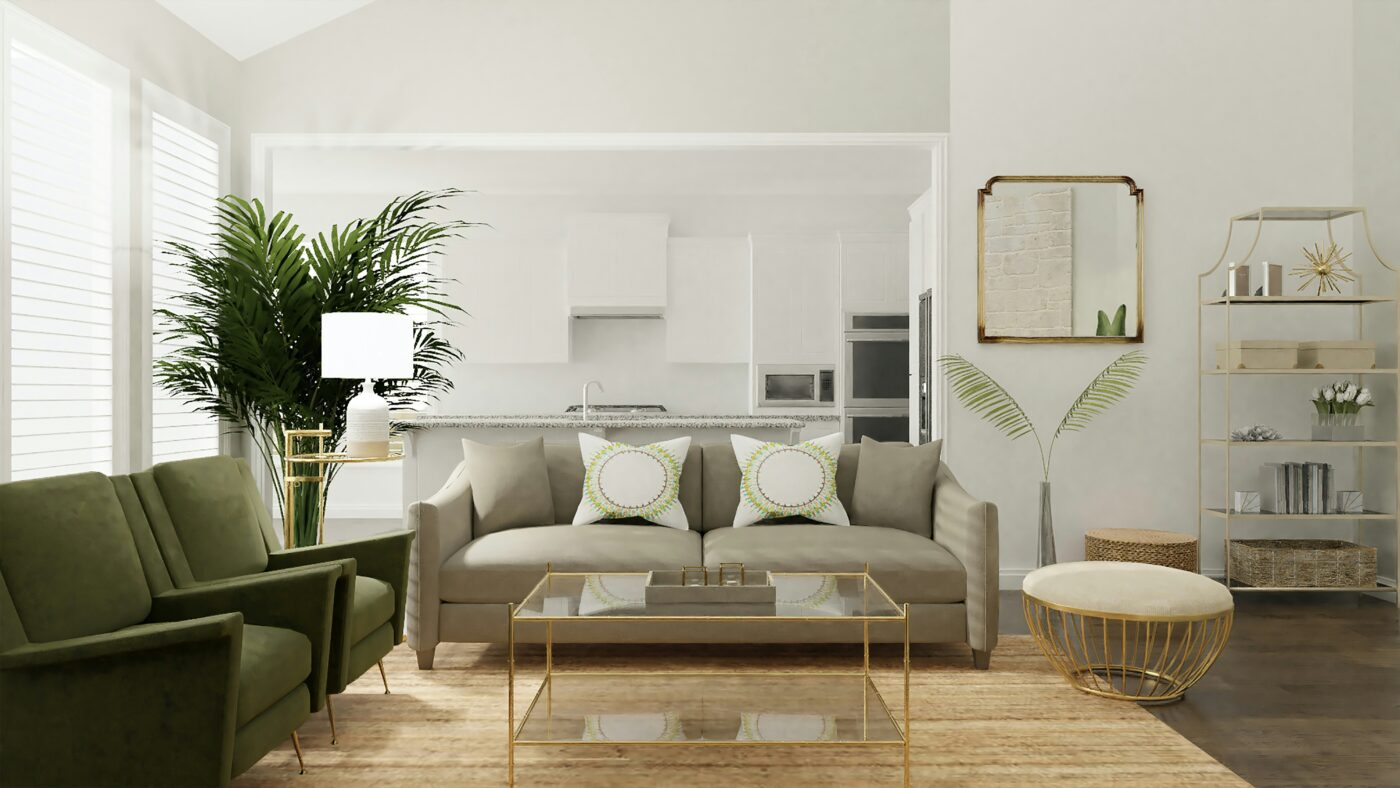 Clean living room with a grey sofa, green accent chairs, a glass coffee table, and gold decorative accents