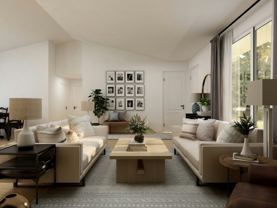 Living room seating arrangement with two sofas facing each other around a wooden coffee table