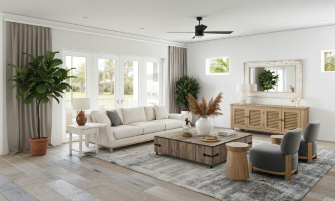 Modern living room with neutral furniture, large windows, and natural light.