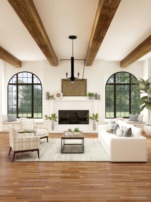 Spacious living room with exposed wooden ceiling beams, arched windows, a sofa and accent chairs surrounding a fireplace with curated decor