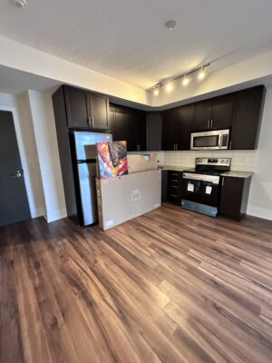 Compact modern kitchen with boxes
