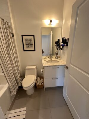 Bathroom with bathtub, toilet, sink, and mirror, with hair tools and painting on the walls