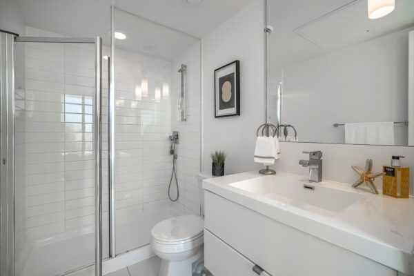 White bathroom with a sink, toilet, and shower, with art and plant